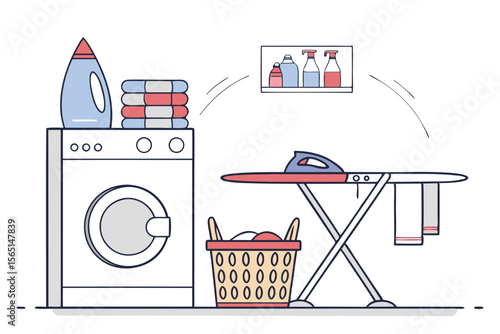 Minimalist illustration of modern laundry room with ironing board and basket