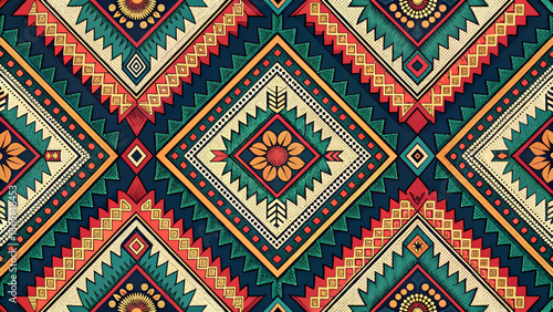 Seamless fabric pattern, Mexican tribal fabric pattern, bright red background.