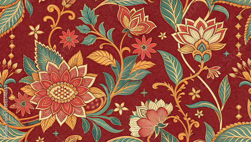 Red background with seamless fabric pattern with colorful flowers and leaves. Designed for printing on fabric or wallpaper.