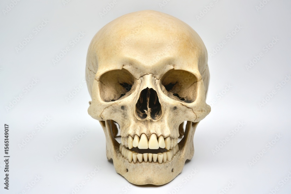 Naklejka premium Isolated Human Skull. Natural Death Representation in Striking Black and White for Medical and Halloween Themes