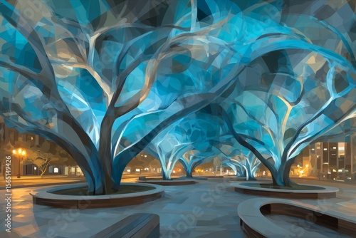 Innovative city park featuring bioluminescent trees and interactive light sculptures for a futuristic experience