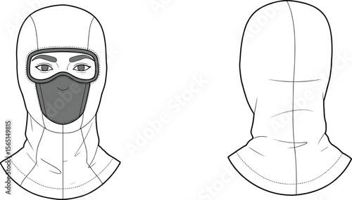 Front and back sketch of full-head balaclava with extended neck coverage, seam details, fashion drawing template for protective cold-weather headwear design