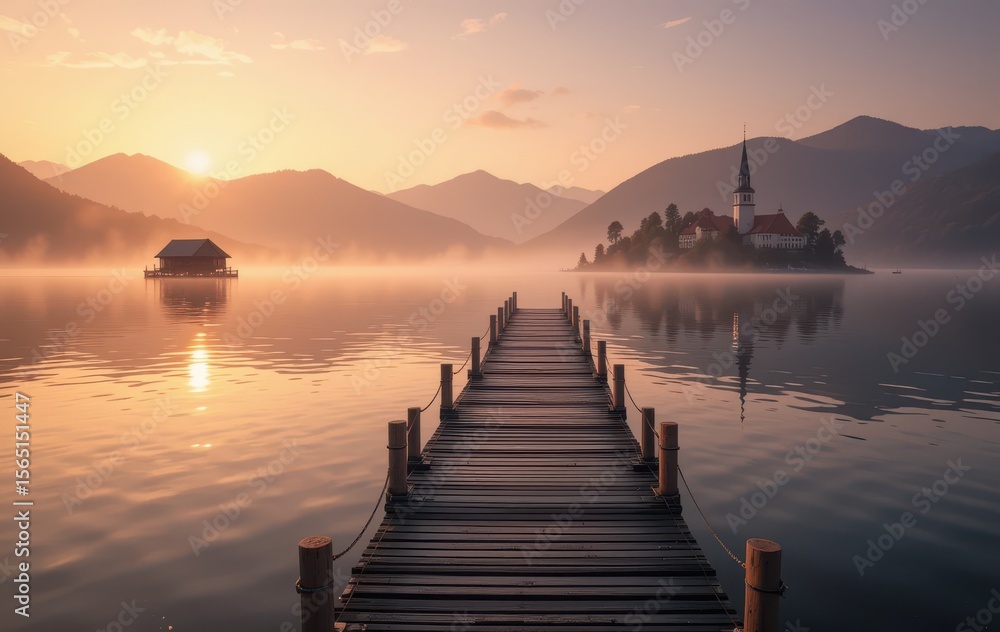 Obraz premium Serene sunrise at Lake Bled, captivating misty waters and tranquil island