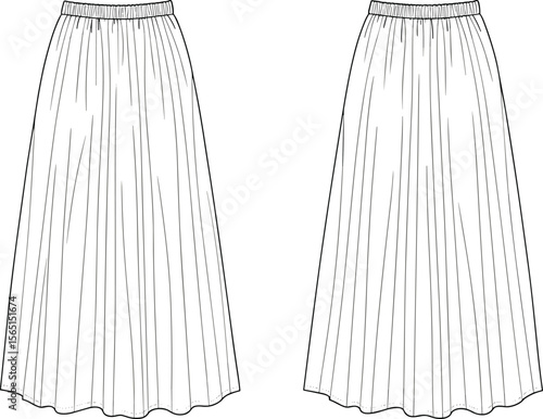 Elegant gathered long skirt fashion technical flat cad drawing front back view vector sketch template clothing design detailed illustration apparel graphic