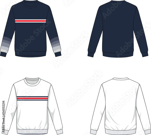 Front and back view sketches of striped sweatshirts, navy and white variants, sporty chest detail, gradient sleeves, casual fashion design template