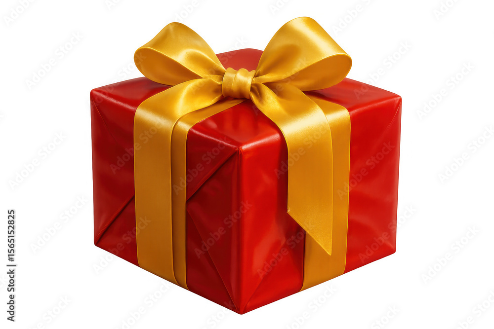 Fototapeta premium Gleaming red gift box adorned with golden ribbon, positioned against transparent backdrop, representing festive holiday celebration moments