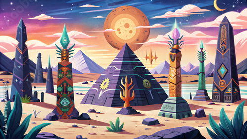 Wander through a sun-scorched desert dotted with arcane obelisks and ancient runes mystical remnants of a lost civilization in a haunting fantasy world setting