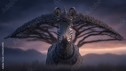 Against the warm colors of an African sunset and the golden grass of the savannah, a zebra appears striking and majestic at dusk