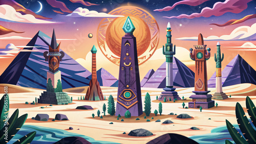 Wander through a sun-scorched desert dotted with arcane obelisks and ancient runes mystical remnants of a lost civilization in a haunting fantasy world setting