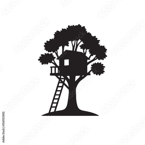 Black Treehouse Silhouette with Ladder Minimal Nature Vector Design