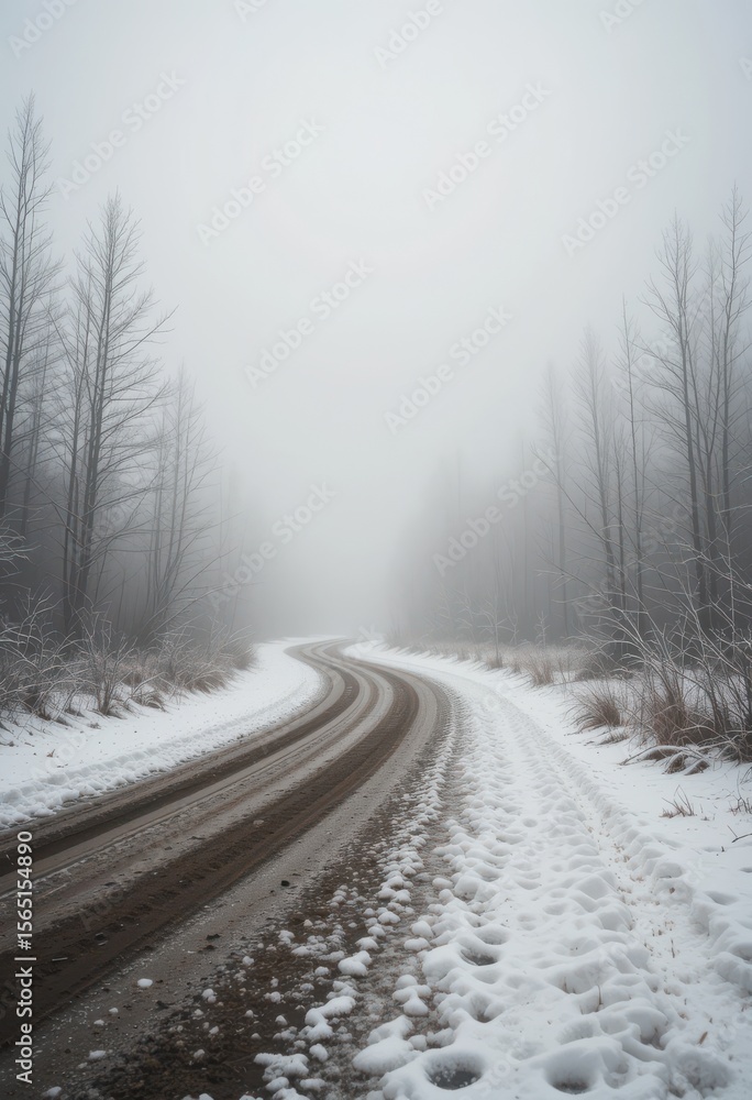 Serpentine winter road disappearing into the misty horizon surrounded by woods Serpentine winter road disappearing into the misty horizon surrounded by woods