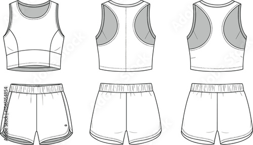 Girls activewear sports bra crop top and shorts front and back view technical flat sketch vector template kids fashion cad drawing