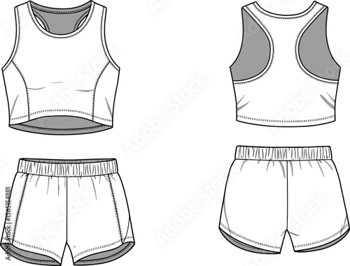 Girls activewear sports bra shorts technical flat cad drawing vector template, front back view kids workout sketch fashion design Adobe Stock