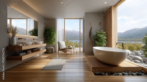 Scandinavian-style bathroom features a freestanding bathtub and large windows showcasing mountain views  perfect for post-work relaxation.