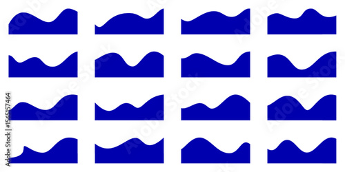 Wavy shape header design. Abstract banner border, curve website separator. Bottom wave line divider, page frame template. Web section graphic top element, simple blue modern layout. Corner white bg