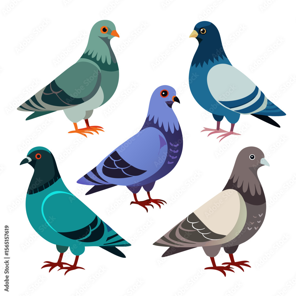 Fototapeta premium A colorful collection of five stylized pigeons each with unique color palettes standing against a white background showcasing various shades of blue gray and teal
