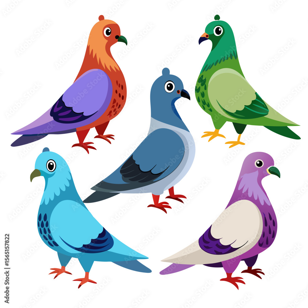 Obraz premium A Colorful Flock Five Cartoon Pigeons in Varied Hues Standing Together on a White Background Each Bird Displaying Unique Color Combinations and Stylized Features in