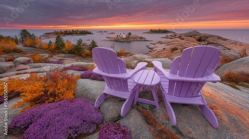 Silhouetted against the sunset, two chairs rest on a rock at the edge of a calm lake