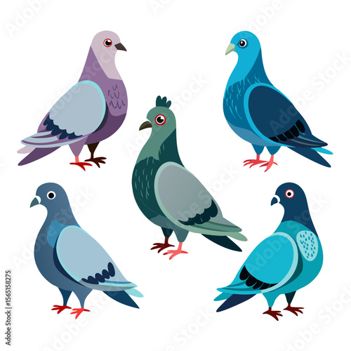 Collection of Colorful Pigeons Standing on a White Background Featuring Various Shades of Blue Green and Purple with Cartoon Style and Red Feet Perfect for