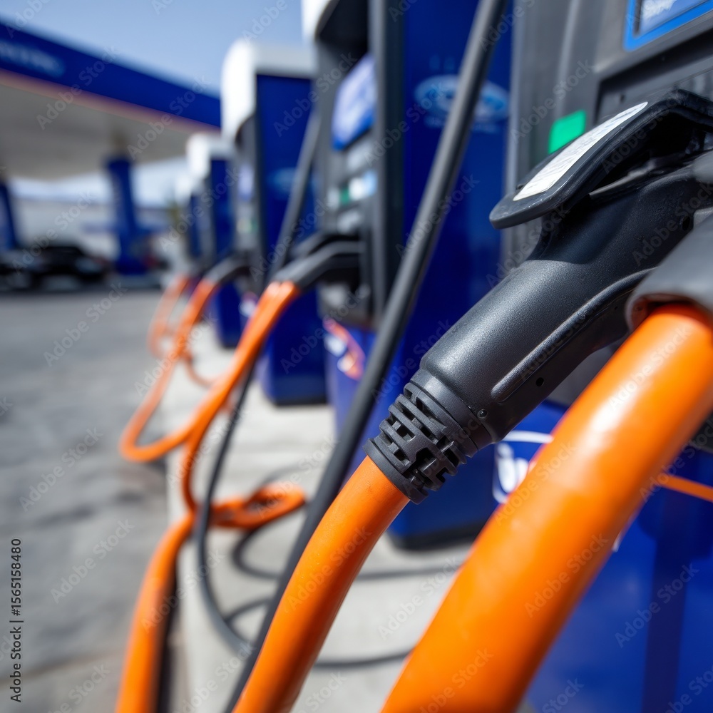 Vibrant colored electric vehicle chargers are found in urban settings Vibrant colored electric vehicle chargers are found in urban settings