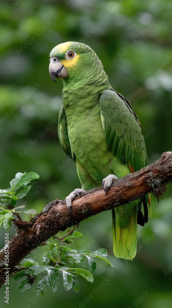 Fototapeta premium A colorful Amazon parrot rests on a branch, surrounded by lush greenery that accentuates its vibrant feathers
