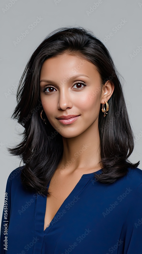 Fototapeta premium This portrait features a woman with black hair and light brown eyes wearing a blue blouse and gold hoop earrings against a soft background