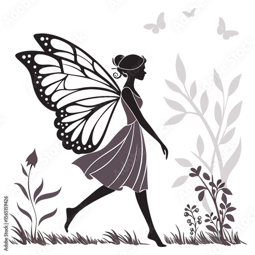 Walking Fairy Silhouette Butterfly Wings Gray Dress Floral Background