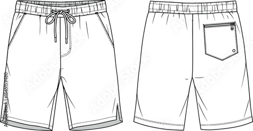 Men’s drawstring casual shorts with front pockets, back zip pocket, elastic waistband, technical flat sketch vector fashion cad template illustration