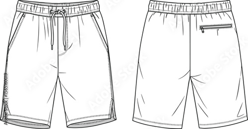 Men’s drawstring waistband shorts with zipper pockets front back technical flat sketch fashion CAD vector template detailed apparel design illustration