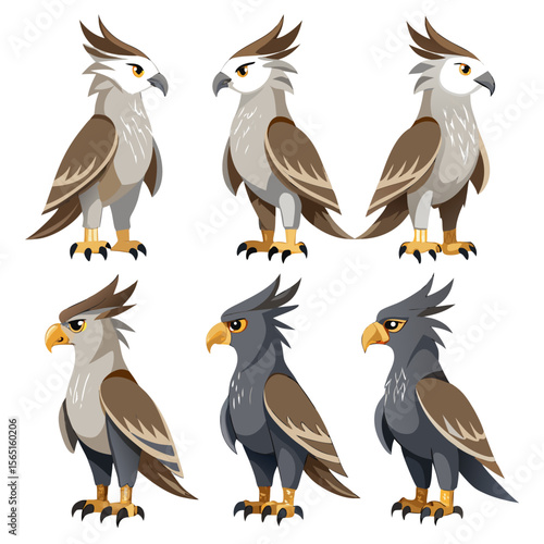 A collection of six cartoon style griffin illustrations with varying color schemes each standing in a proud pose against a plain white background showcasing different