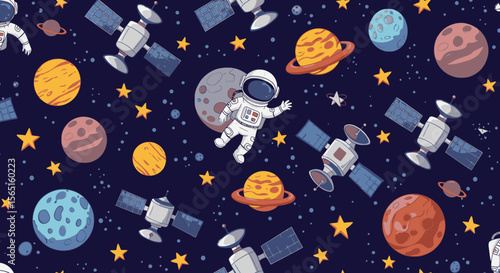 Whimsical space scene featuring a floating astronaut, planets, stars, and satellites on a dark blue background.