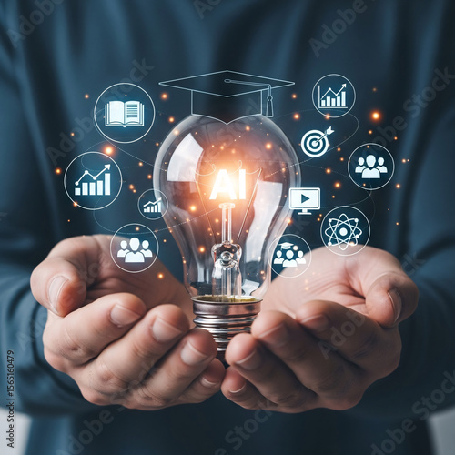 Hands holding lightbulb with educational icons symbolizing knowledge and learning process