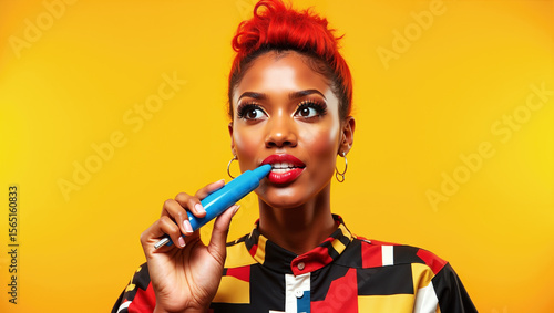 Wallpaper Mural Playful young Afro-American woman with vibrant red hair applying a blue lip crayon, creating a striking and expressive puzzled look against a solid, bright yellow background with ample copy space.
 Torontodigital.ca
