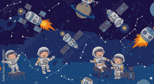 Whimsical cartoon astronauts explore the cosmos with rockets, satellites, and planets in a vibrant starry night sky.