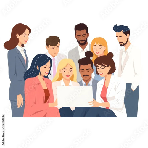 A group of eight executives are collaborating on a laptop. The setting is modern, with clean lines and natural light.