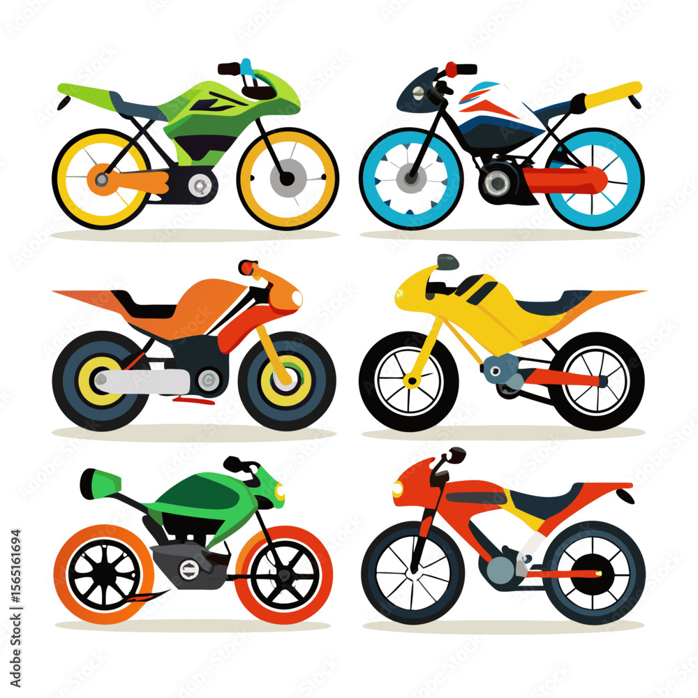 Obraz premium Collection of Six Colorful Cartoon Motorbikes A Variety of Styles and Colors Including Green Orange Yellow Red and Blue all on a White Background Perfect