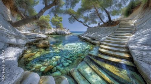 A blurred perspective of the mediterranean beach in santanyi, mallorca reveals a rocky shoreline, transparent blue waters, and dense greenery under the illumination of a bright sunny sky