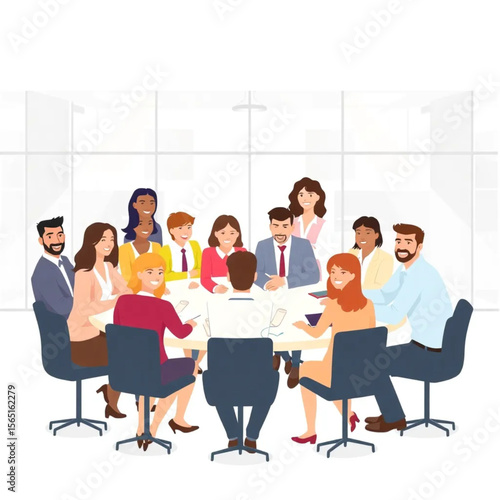 A large team of twelve coworkers are participating in a team-building workshop. They are in a modern workspace with glass walls and open layouts.