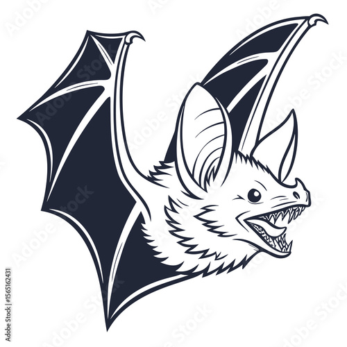 Fierce bat with open mouth and sharp teeth flying with wings spread wide