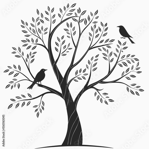 Stylized black silhouette of a tree with two birds perched on its branches