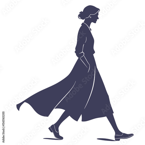 Elegant silhouette of a woman in a flowing dress walking with confidence