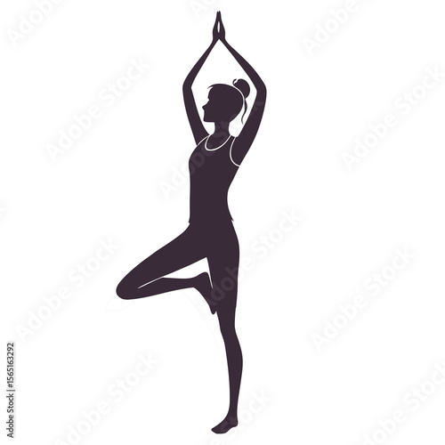 Silhouette of a woman performing the vrksasana yoga pose with hands raised in prayer position
