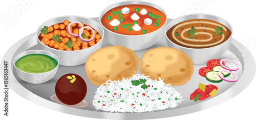 Indian Traditional Veg Food Thali Vector Illustration