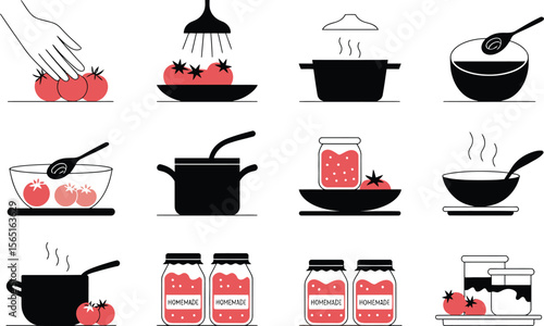 Homemade Tomato Sauce Recipe Steps Illustration Red Black Icons