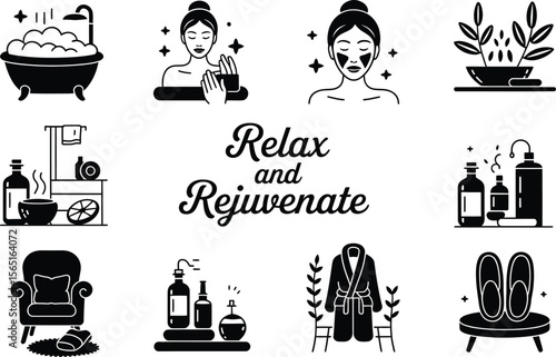 Relax and Rejuvenate Spa Icons Black and White relaxation