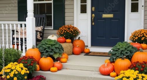 Fototapeta Naklejka Na Ścianę i Meble -  Autumn Porch Decor with Pumpkins and Mums - Vibrant fall porch display featuring pumpkins, mums, and greenery. Perfect autumnal scene for home decor inspiration