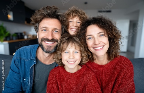 A happy family with young children unwind together at their residence, exchanging smiles and hugs
