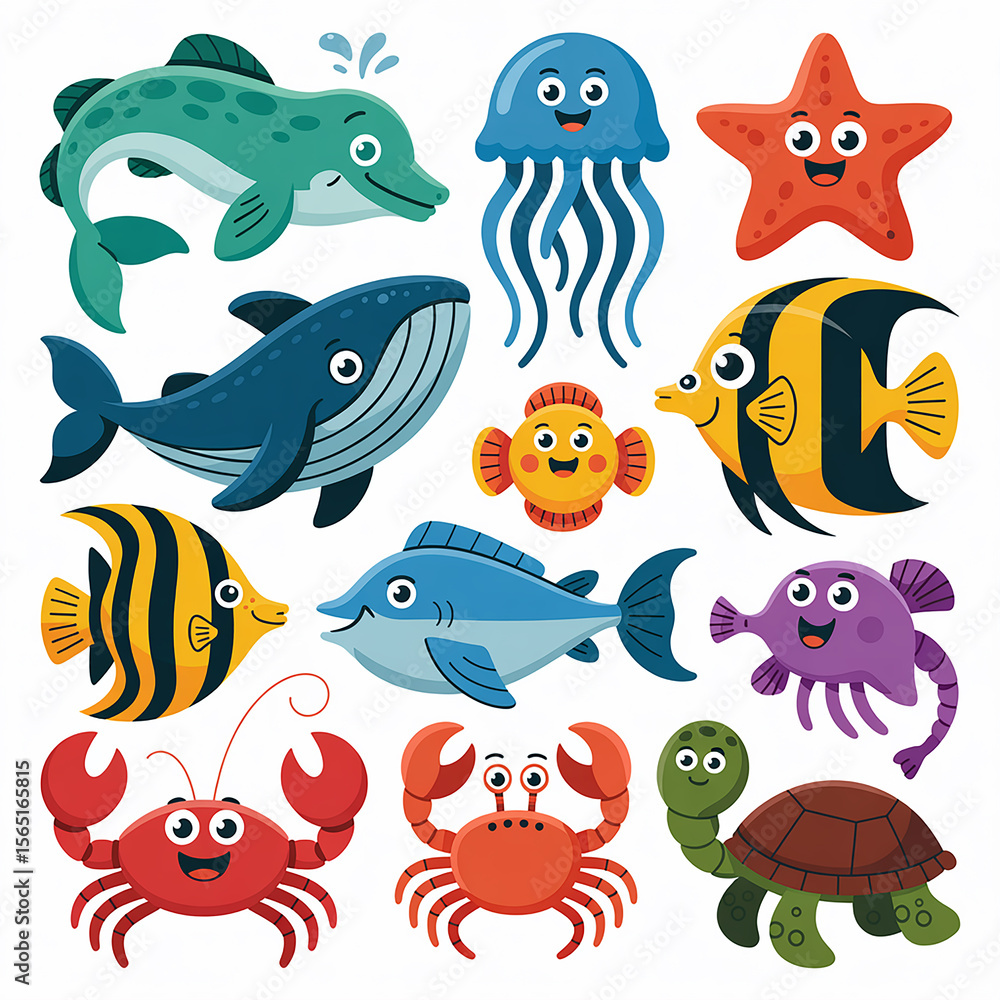 Naklejka premium Cheerful cartoon ocean creatures collection sea life dolphin