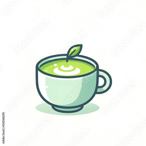 Japan matcha latte set. Flat cartoon illustration of matcha drinks. Matcha latte with foam art, heart, rabbit, flower. Green matcha in various cups.