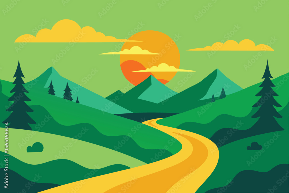 Obraz premium Serene Mountain Landscape Winding Road at Sunset Illustration